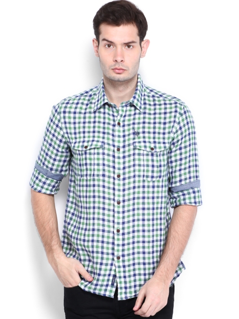 

U.S. Polo Assn. Denim Co. Men White & Green Checked Linen Casual Shirt