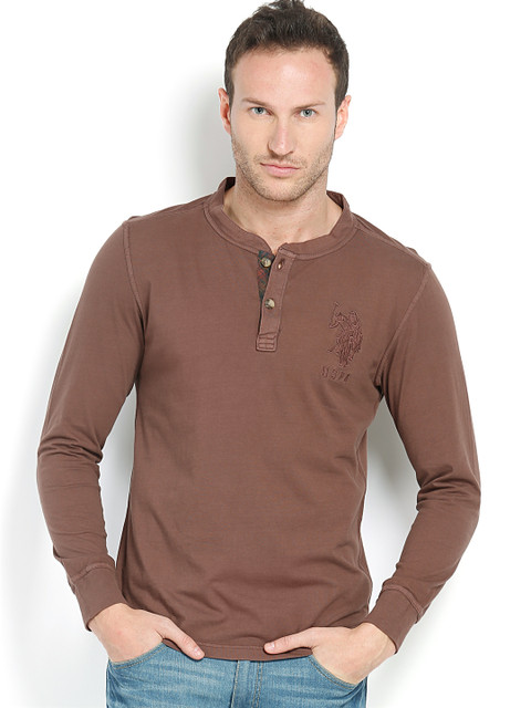 

U.S. Polo Assn. Denim Co. Men Brown Henley Pure Cotton T-shirt