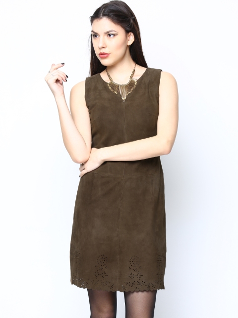 

BARESKIN Olive Brown Leather Shift Dress
