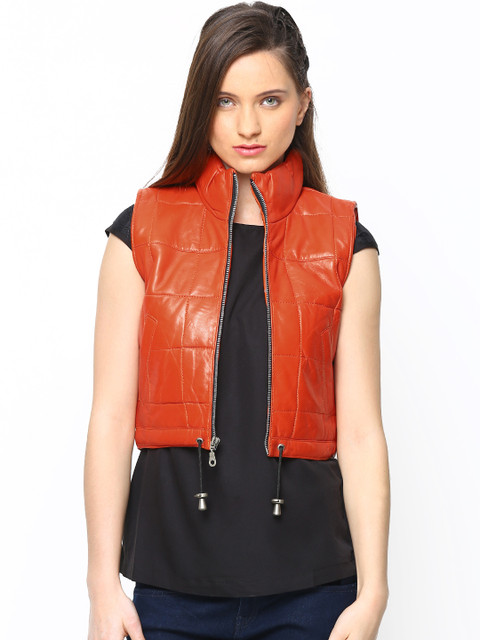 

BARESKIN Women Orange Leather Sleeveless Cropped Jacket