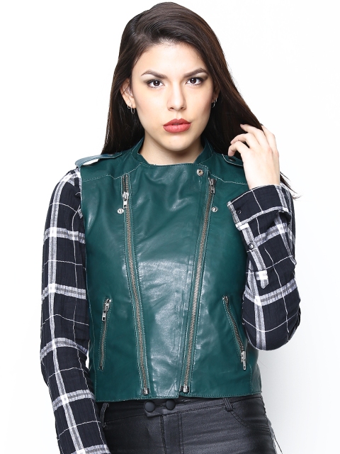 

BARESKIN Women Green Sleeveless Leather Jacket