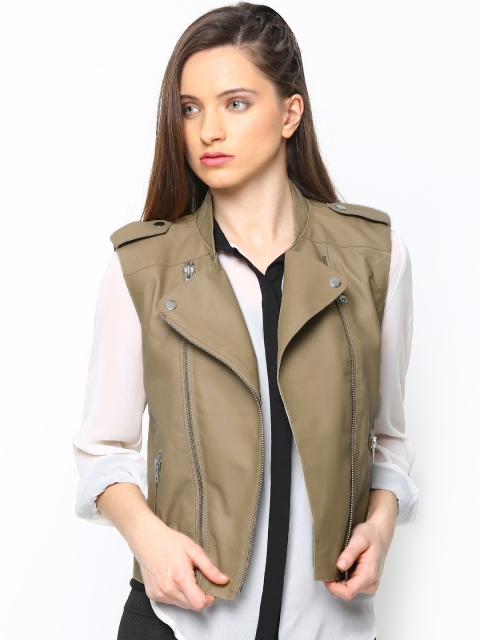 

BARESKIN Women Beige Sleeveless Leather Jacket