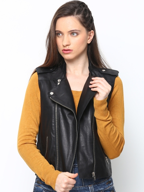 

BARESKIN Women Black Leather Sleeveless Jacket