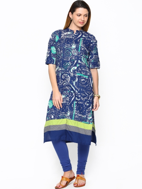 

W Women Navy Printed Kurta, Navy blue