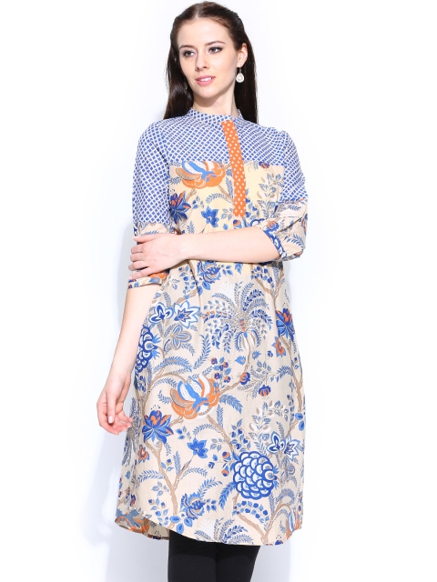 

W Women Beige & Blue Printed Kurta