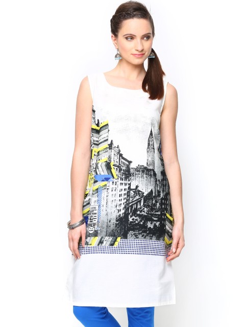 

W Women Off-White & Black Quirky Printed Kurta
