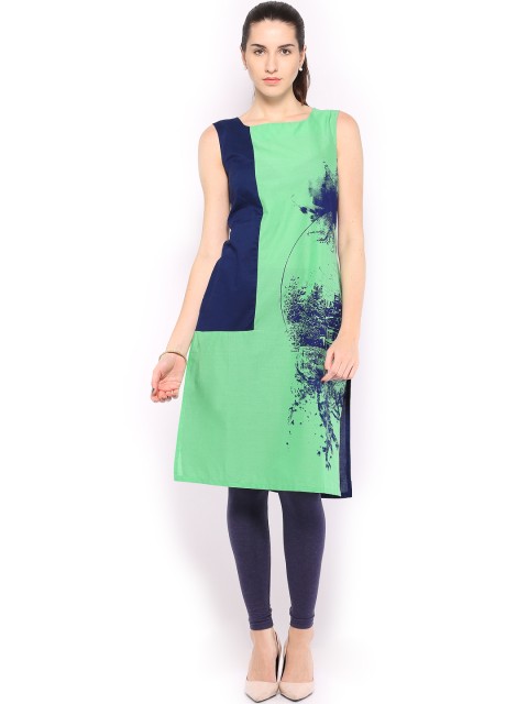 

W Women Navy & Green Printed Ink Box Kurta, Navy blue