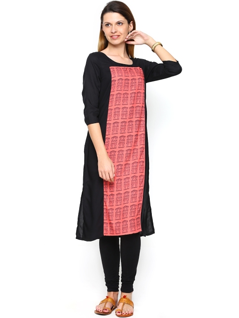 W Women Black & Coral Pink Printed Kurta