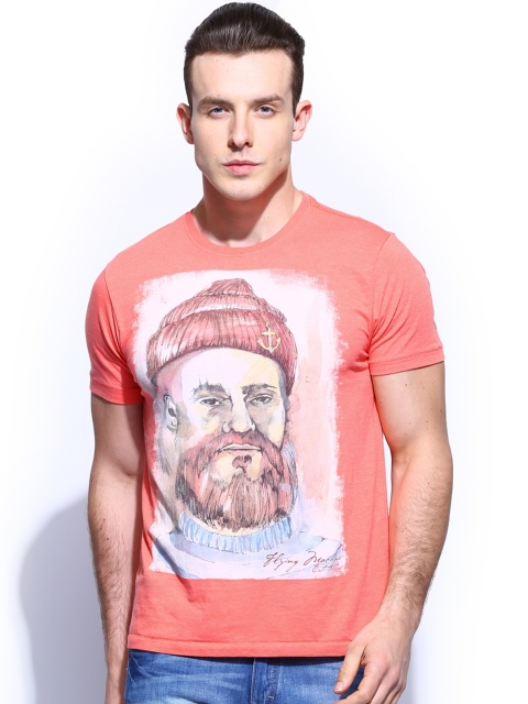 

Flying Machine Men Peach-Coloured Printed Pure Cotton T-shirt