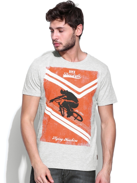 

Flying Machine Men Grey Melange Printed T-shirt