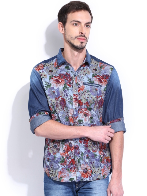 

Locomotive Men Blue Floral Printed Slim Fit Chambray Casual Shirt