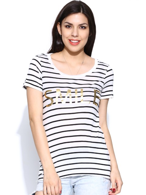 

Vero Moda Women White & Black Striped T-shirt