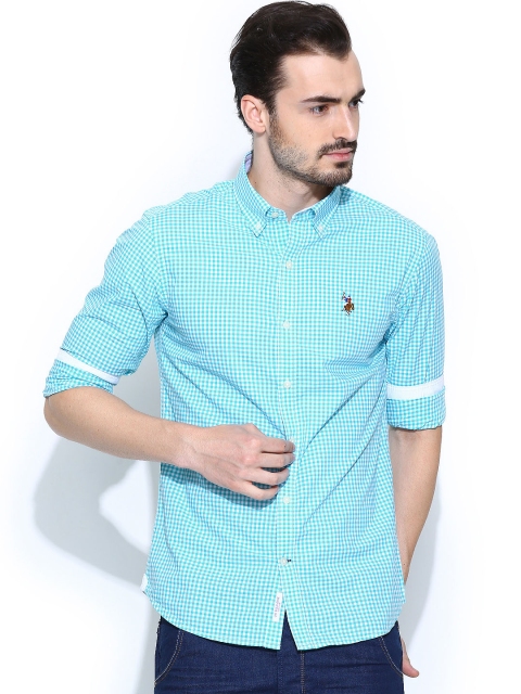 

U.S. Polo Assn. Men Aqua Blue & White Checked Tailored Fit Casual Shirt