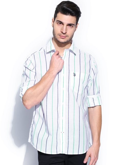

U.S. Polo Assn. Men White & Green Striped Tailored Fit Casual Shirt