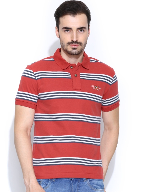 

U.S. Polo Assn. Denim Co. Men Red Striped Polo Pure Cotton T-shirt