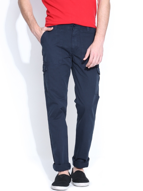 

IZOD Men Navy Solid Slim Fit Cargo Trousers, Navy blue