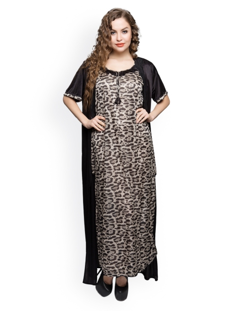 

Clovia Grey & Black Printed Maxi Nightdress with Robe NS0309P01M