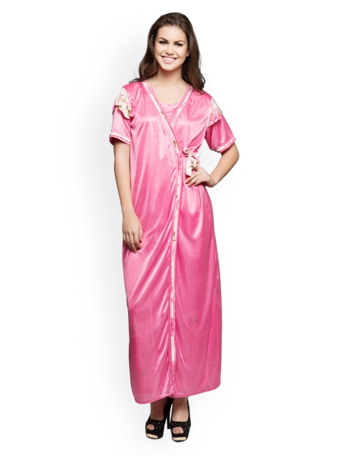 

Clovia White & Pink Printed Maxi Nightdress with Robe NSM286P22O