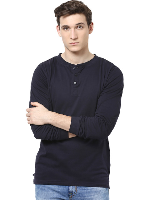 

Unisopent Designs Men Navy Blue Solid Henley Neck T-shirt