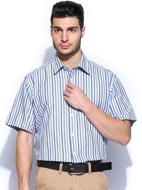 

ColorPlus Men Blue & Brown Striped Linen Classic Fit Casual Shirt