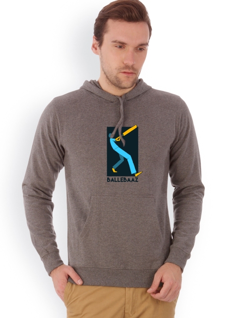 

Campus Sutra Men Grey Melange Printed Hooded Sweatshirt