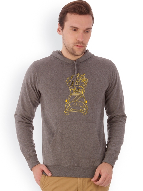 

Campus Sutra Men Grey Melange Printed Hooded Sweatshirt