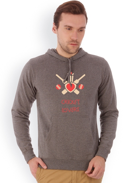 

Campus Sutra Men Grey Melange Printed Hooded Sweatshirt