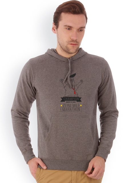 

Campus Sutra Men Grey Melange Printed Hooded Sweatshirt