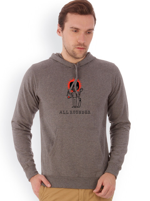 

Campus Sutra Men Grey Melange Printed Hooded Sweatshirt