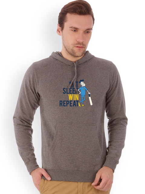 

Campus Sutra Men Grey Melange Printed Hooded Sweatshirt