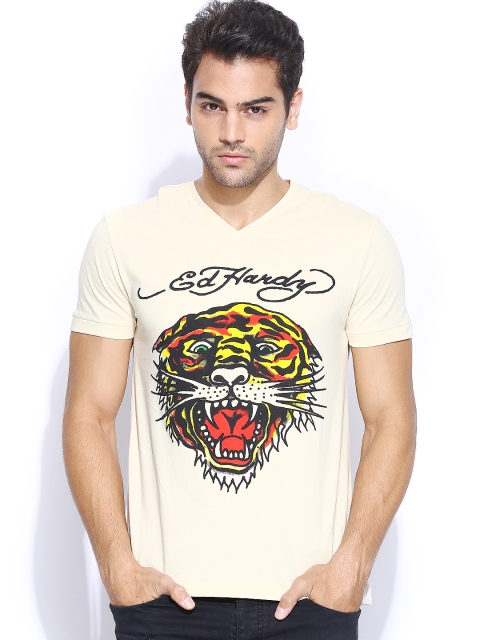 

Ed Hardy Men Beige Printed T-shirt