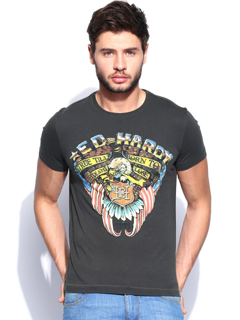 

Ed Hardy Men Charcoal Grey Printed T-shirt