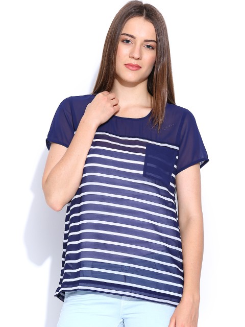 

Lee Women Navy & White Sheer Striped Slim Fit Top, Navy blue