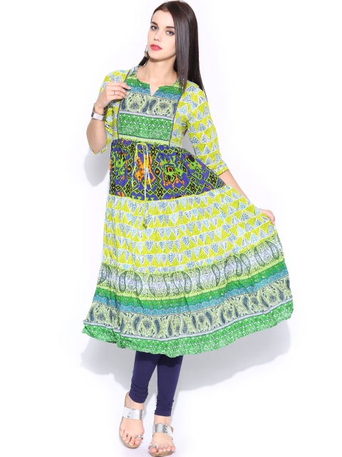 

Vishudh Women Green & Off-White Printed Anarkali Kurta