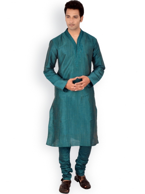 

Manu Men Teal Self Design Kurta with Churidar