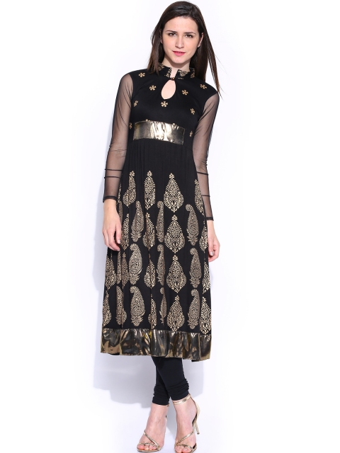 

Ira Soleil Black Printed A-Line Kurta with Embroidered Detail