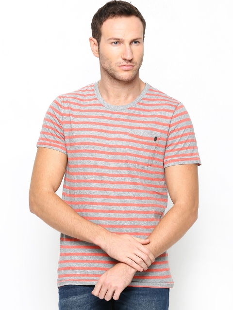 

Jack & Jones Men Grey Melange & Orange Striped T-shirt
