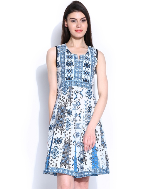 

Rain & Rainbow White & Blue Printed A-Line Dress