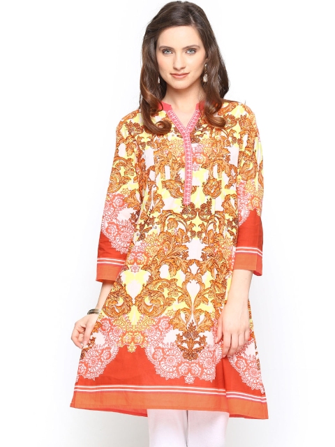 

Rain & Rainbow Off-White & Orange Floral Print A-Line Kurta
