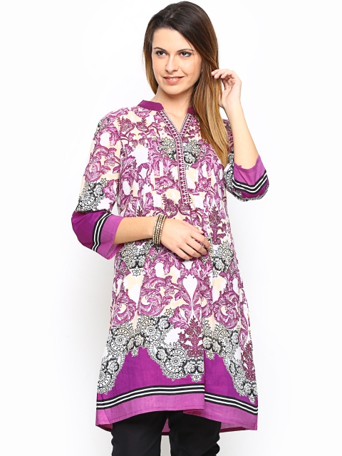 

Rain & Rainbow Women Purple & Off-White Printed A-Line Kurta