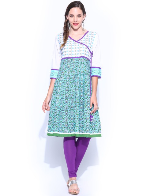 

IMARA Women Sea Green & Purple Printed Anarkali Churidar Kurta Set