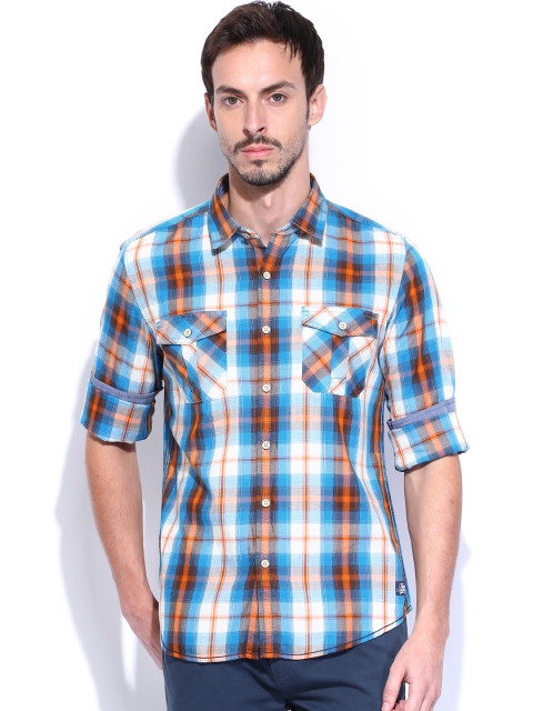 

Flying Machine Men Blue & Orange Checked Casual Shirt