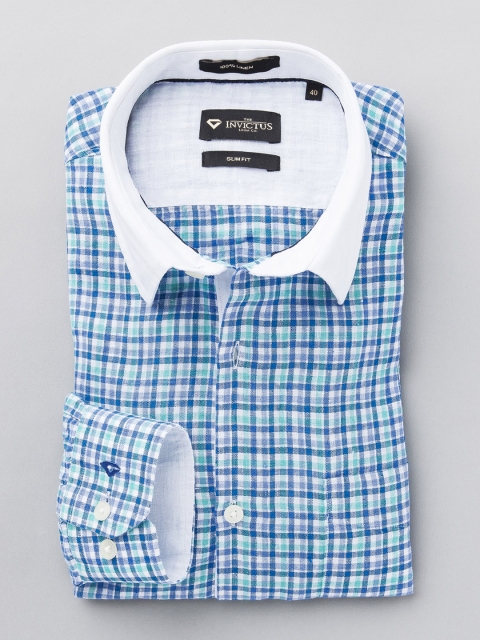 

INVICTUS Men Blue & Green Checked Pure Linen Slim Fit Formal Shirt