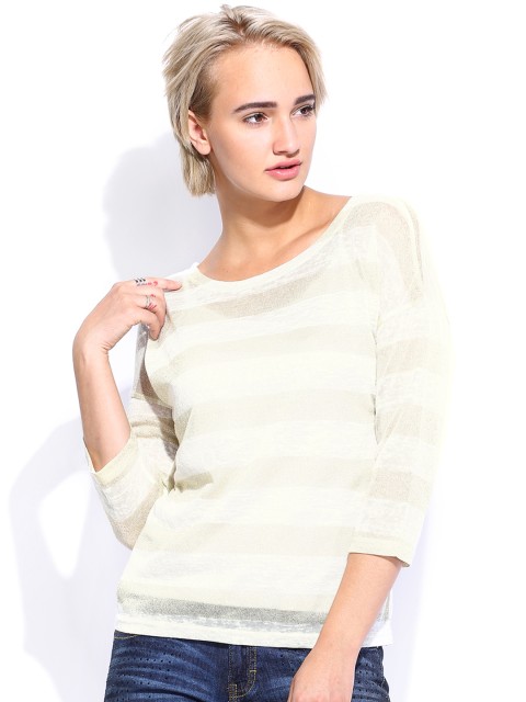 

ELLE Women Off-White & Gold Toned Striped Top