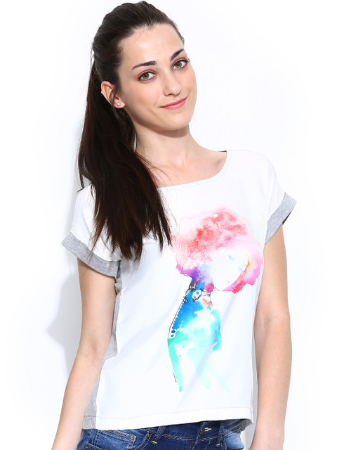 

Pepe Jeans Women White & Grey Melange Printed T-shirt