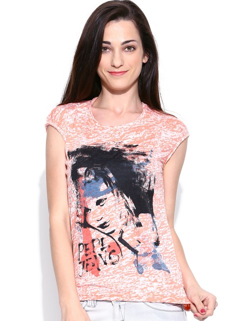 

Pepe Jeans Women Peach-Coloured & Off-White Printed T-shirt