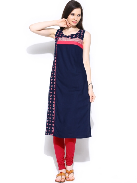 

W Women Navy Paisley Printed Kurta, Navy blue