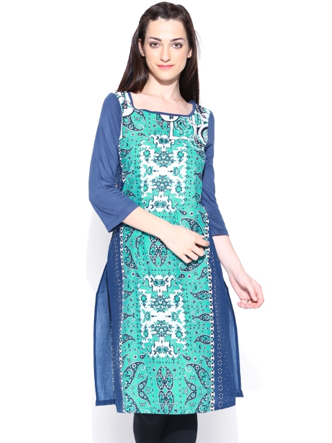 

W Women White & Green Printed Kurta