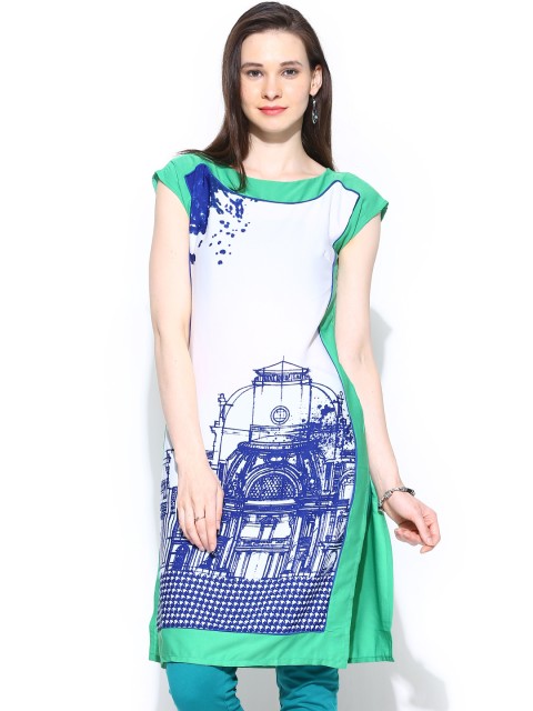 

W Women White & Green Printed Kurta
