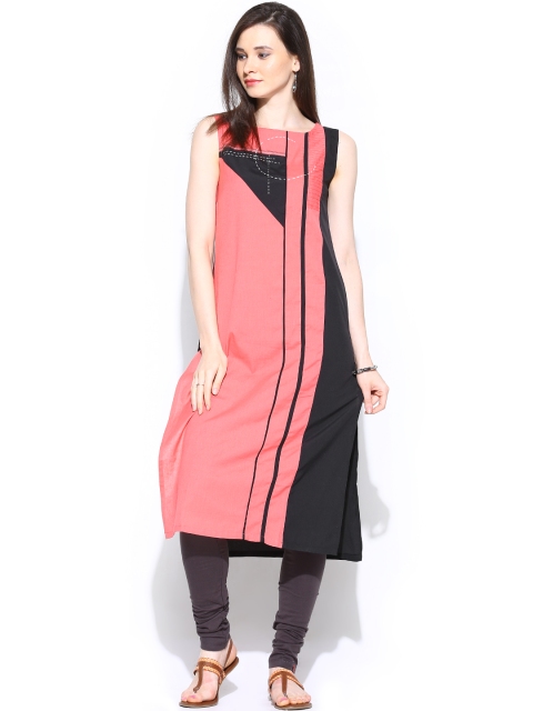 

W Women Coral Pink & Black Kurta